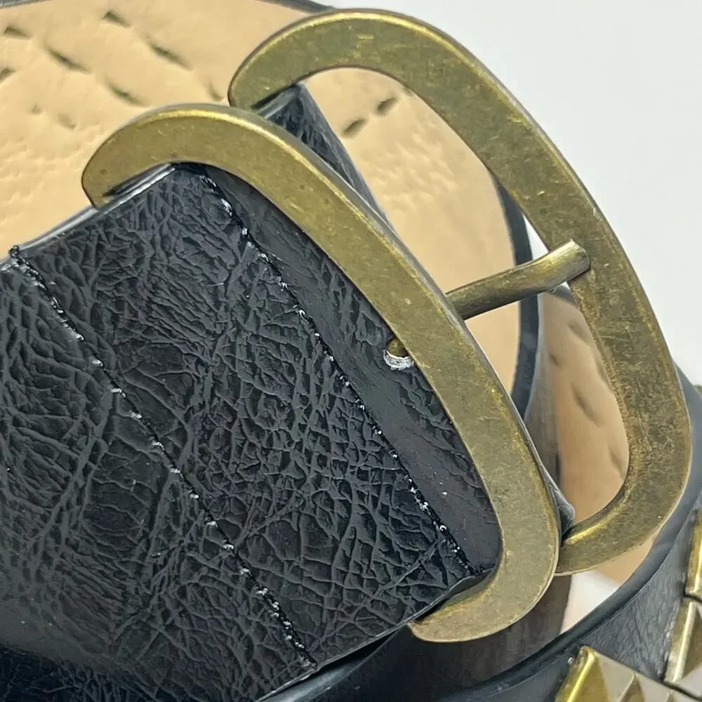 Vintage Y2K Size Medium Black Brass Rivets Wide Faux Leather Belt Punk Rocker